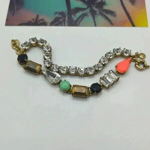 J. Crew jeweled green, blue, ab rhinestone antiqued gold tone statement bracelet